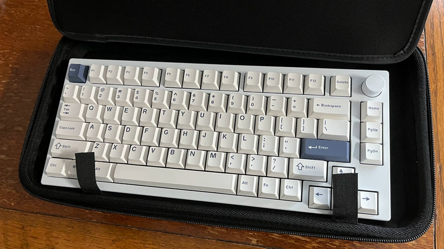 I'm extremely satisfied with this keyboard organizer. The small item compartment has a zipper, and the dust cover in the middle can move up and down easily. The ability to secure the keyboard with Velcro is also a plus.